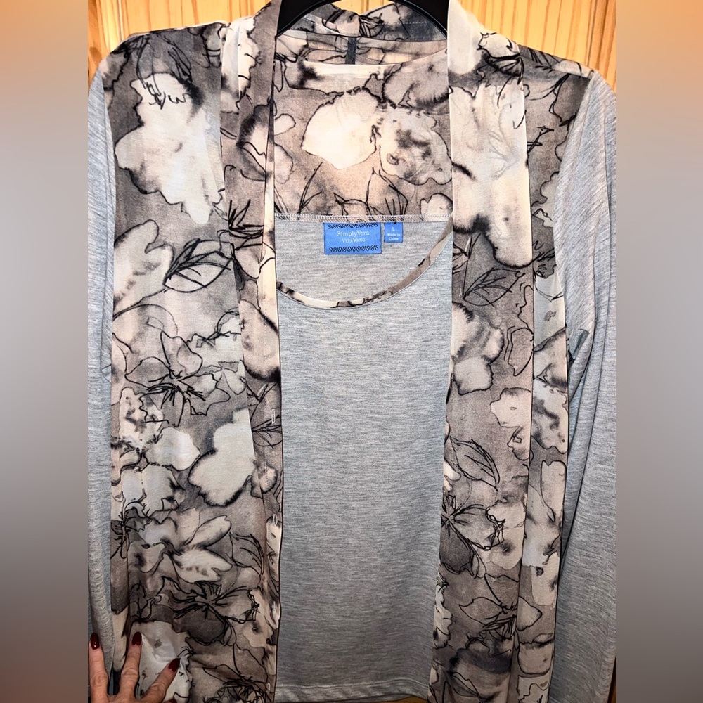 SIMPLY VERA VERA WANG Gray & Print Double Layer Long Sleeve Top Blouse L NWT